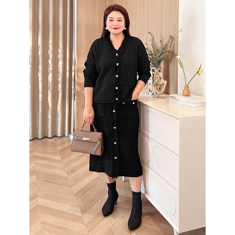 【现货！套装】MsSheX采音大码女装秋装V领针织衫半身裙J~B2309037