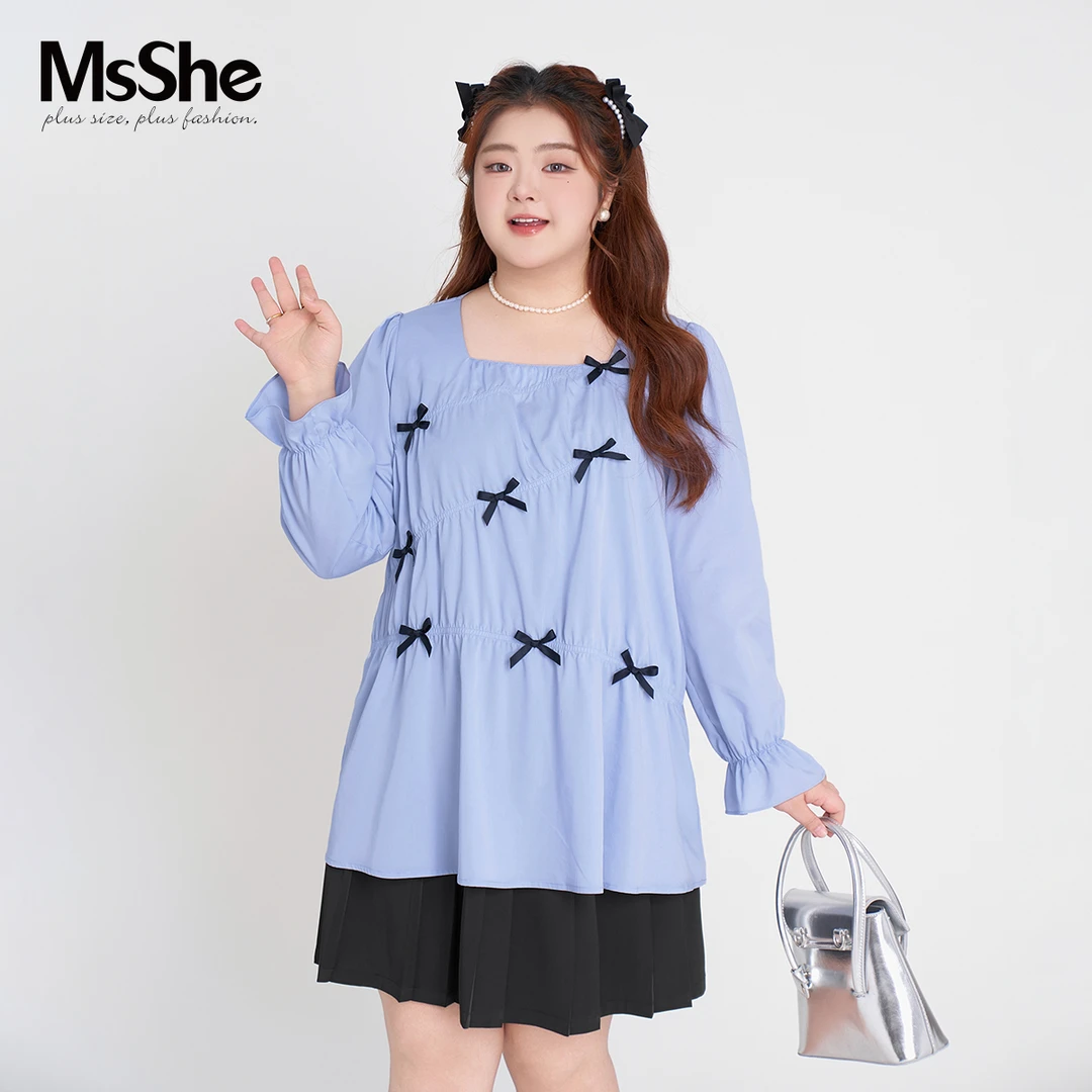 【天丝】MsShe大码女装新款秋装蝴蝶结长袖上衣小衫D~F2408004