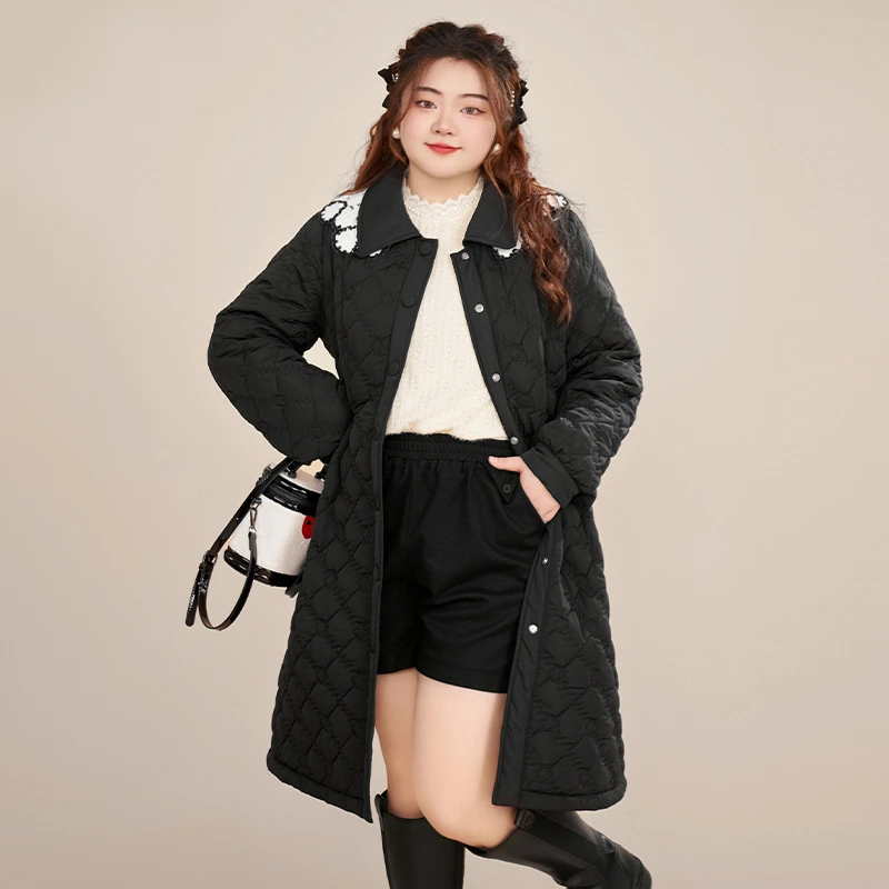 【现货】MsShe大码女装2024新款秋冬菱格黑色棉衣外套D~F2310005