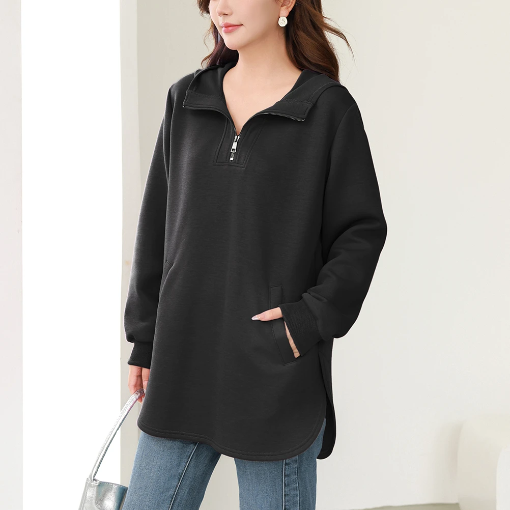 MsShe大码女春简约休闲通勤风连帽空气层长款卫衣J~M2409089