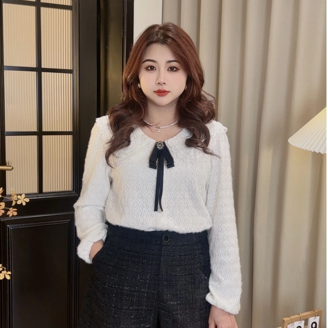 【现货！有内衬】MsShe加大码女装秋装配领结磨毛蕾丝衫N~M2210316