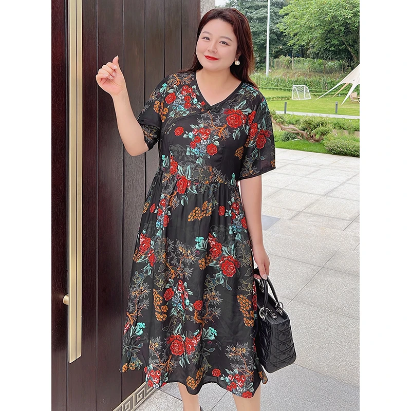 【120-160斤可穿】【真丝】MsShe大码女桑蚕丝印花连衣裙J~M2304266