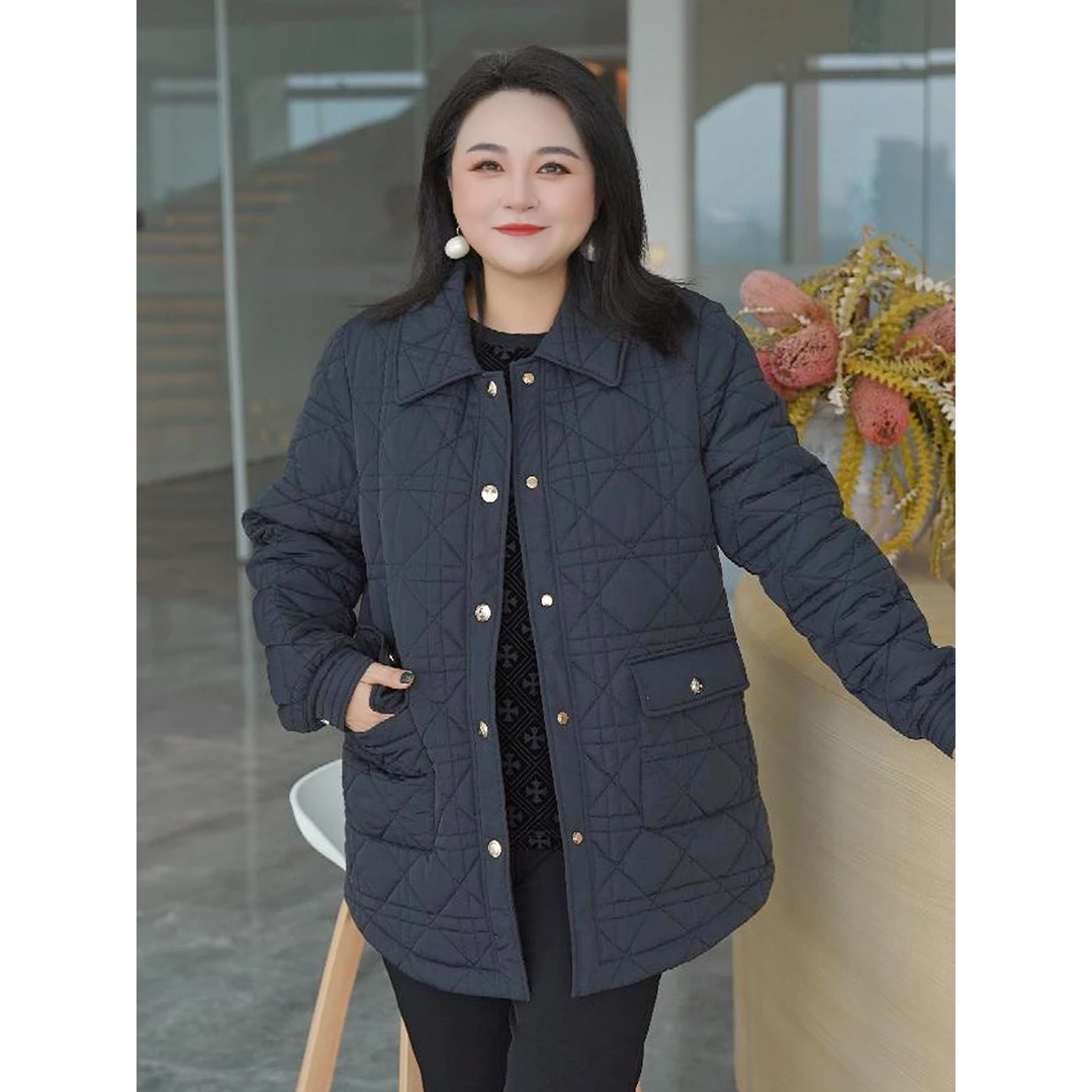 【夹棉加厚】MsShe大码女装冬装休闲通勤菱格翻领棉衣J~B2410054