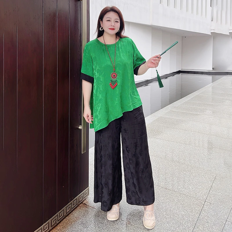 【现货-套装】MsShe大码女装夏装中国风衬衫阔腿九分裤J~M2305128