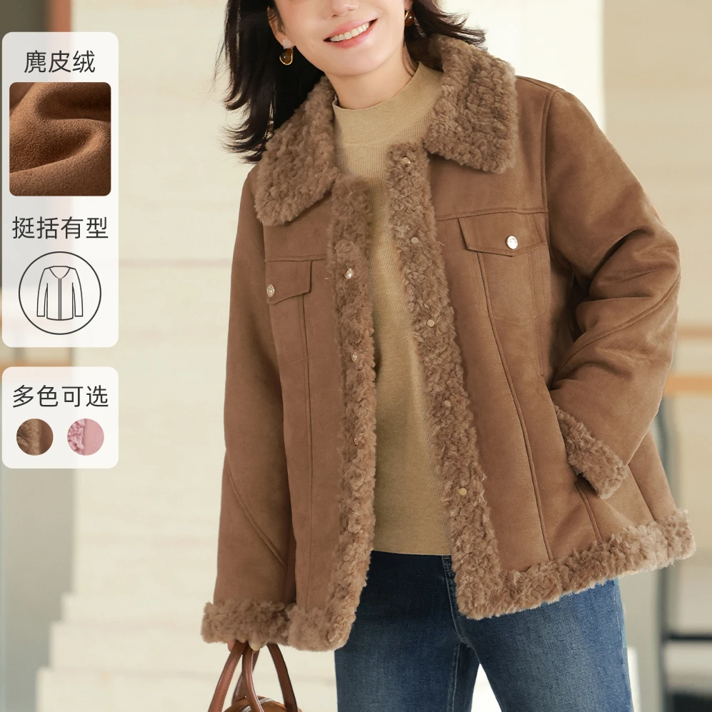 【麂皮绒仿羊羔毛】MsShe大码女装新款春复古美拉德J~C2410008