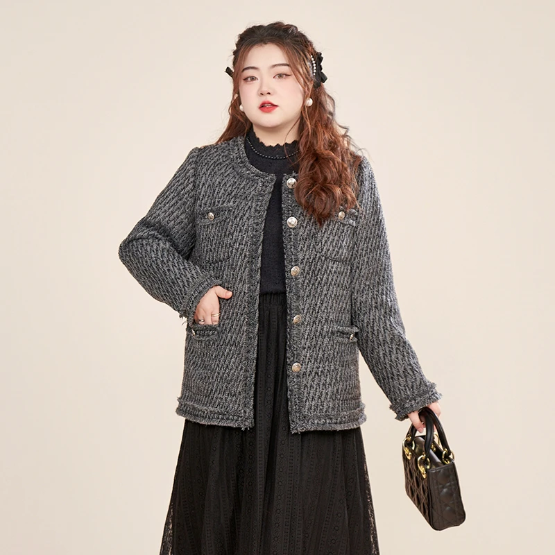 MsShe大码女装2024新款春装小香风正肩粗花呢外套D~F2309010