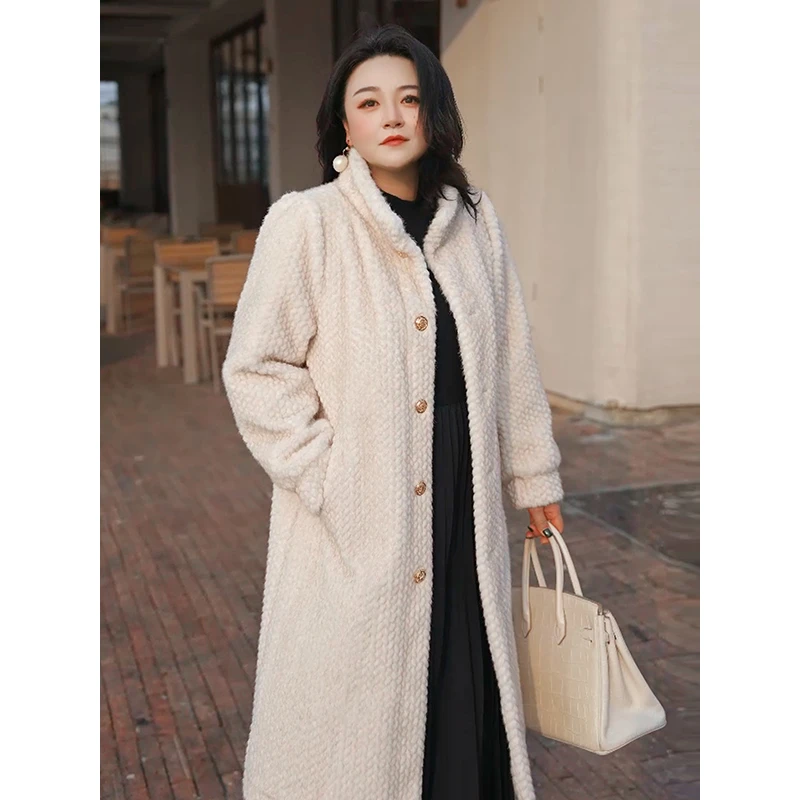 MsShe大码女装春装轻奢仿水貂毛麂皮绒长款大衣外套J~M2410090