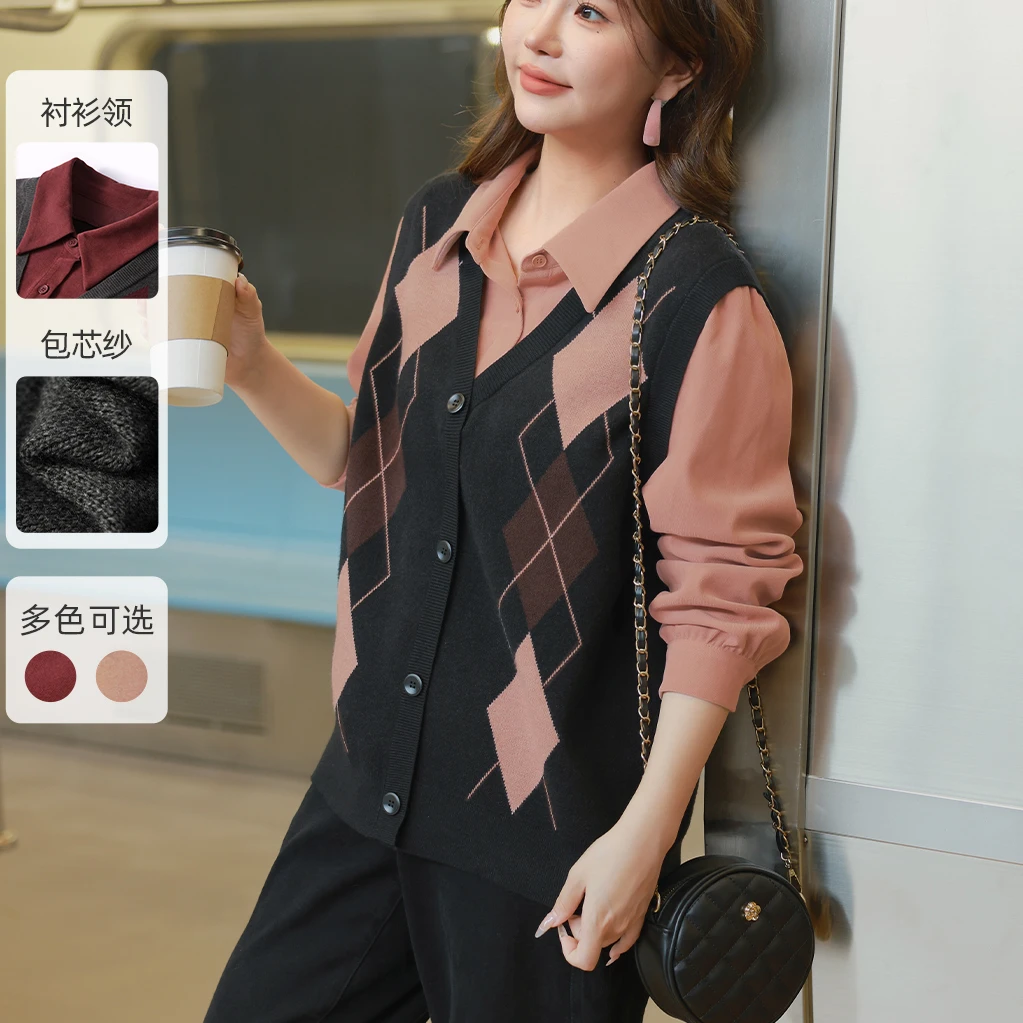 【28支高弹仿兔绒纱】MsShe大码女装假两件毛衣马甲衬衫J~M2409166