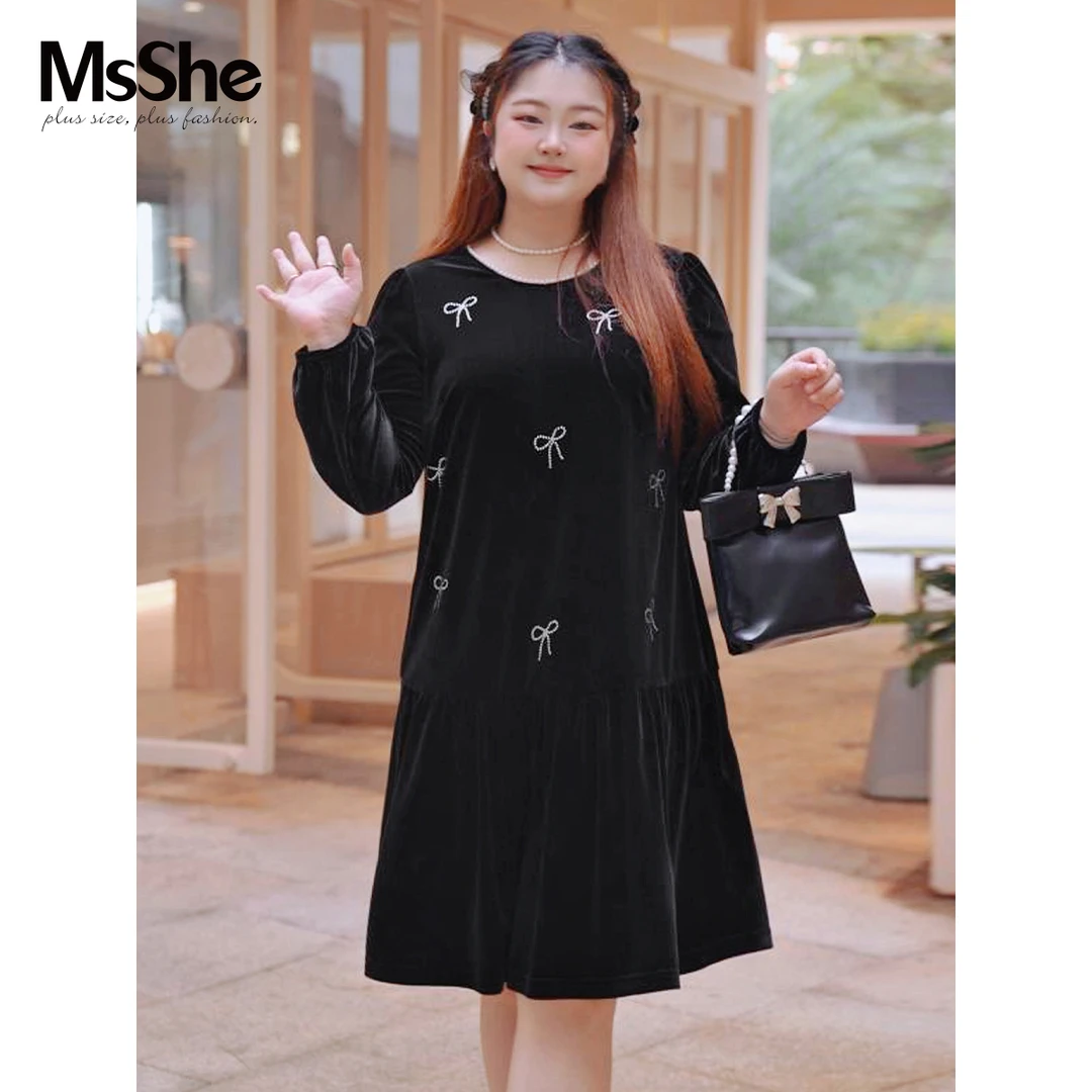 MsShe大码女装春装法式复古重工烫钻蝴蝶结丝绒连衣裙D~F2411017