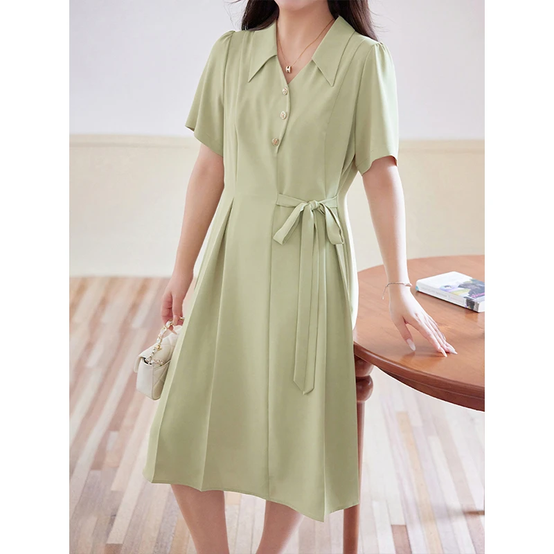 【现货】MsShe大码女装夏腰间绑带扣雪纺衬衫短袖连衣裙D~M2405138