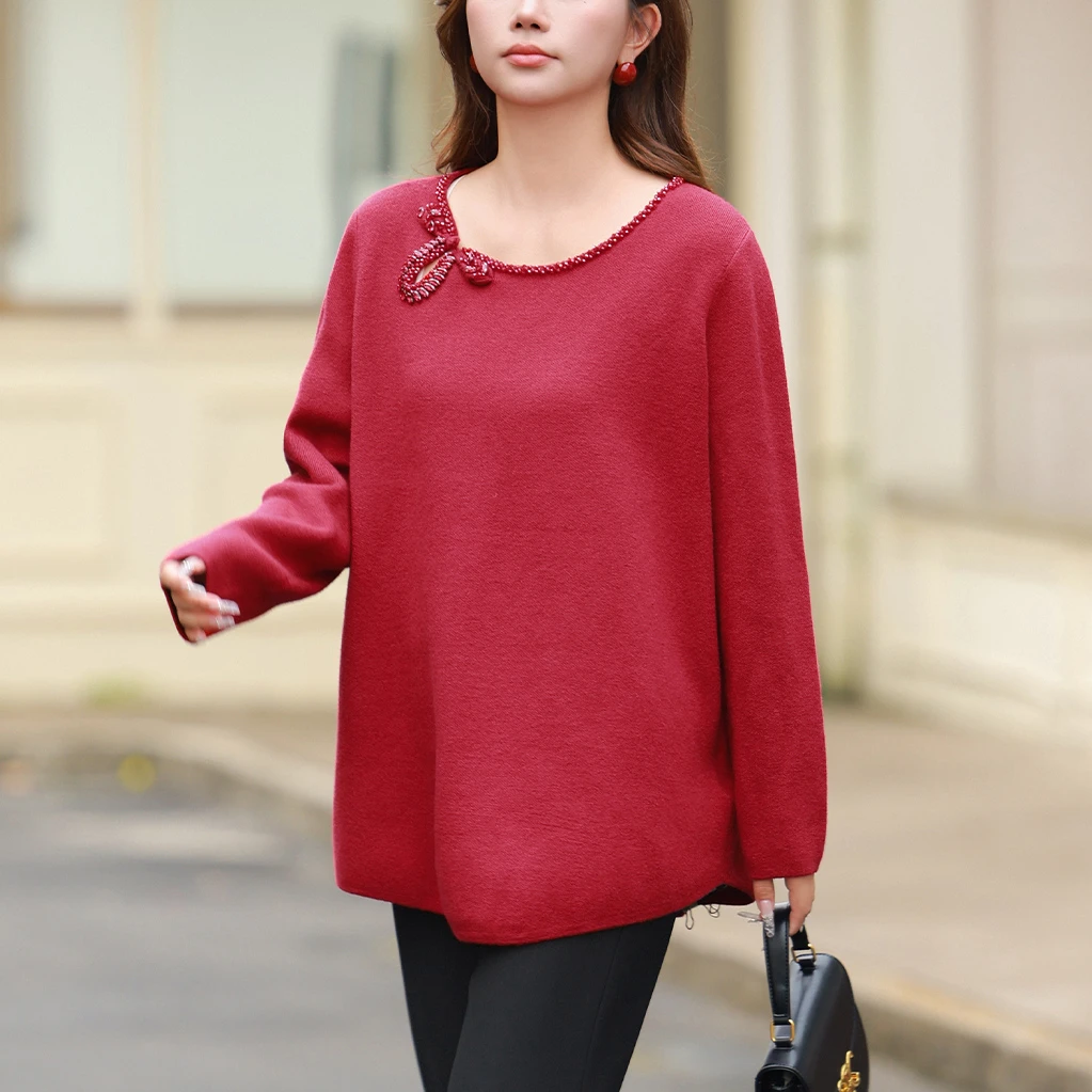 MsShe大码女装春钉珠盘扣宽松安哥拉绒红色长款毛衣J~E2409006