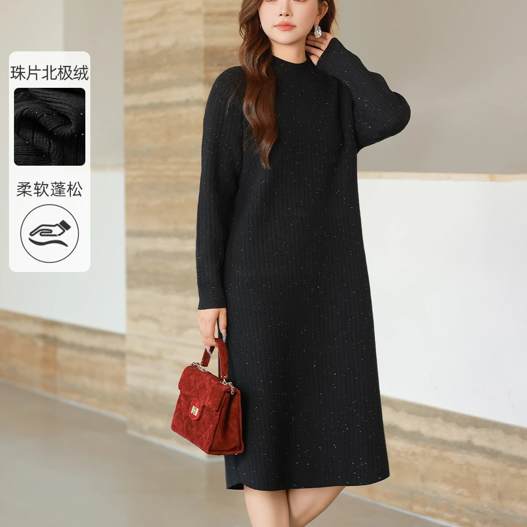 【18支珠片北极绒】MsShe大码女秋冬立领坑条毛衣连衣裙J~M2410084