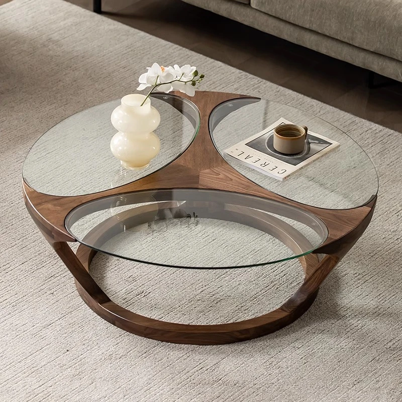 大山北美黑胡桃木玻璃异形茶几北欧极简客厅全实木圆茶桌沙发边几