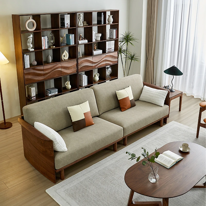 大山家具北美黑胡桃实木沙发客厅现代简约双人布艺真皮直排沙发