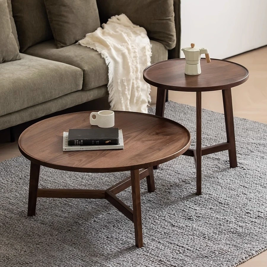 大山家具北美黑胡桃实木圆形茶几北欧客厅原木边几轻奢小户型茶桌
