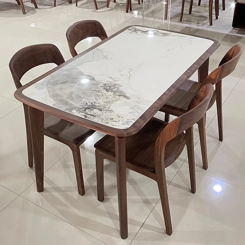 北美黑胡桃纯实木高级岩板桌面现代简约餐桌椅组合长方形小户餐厅