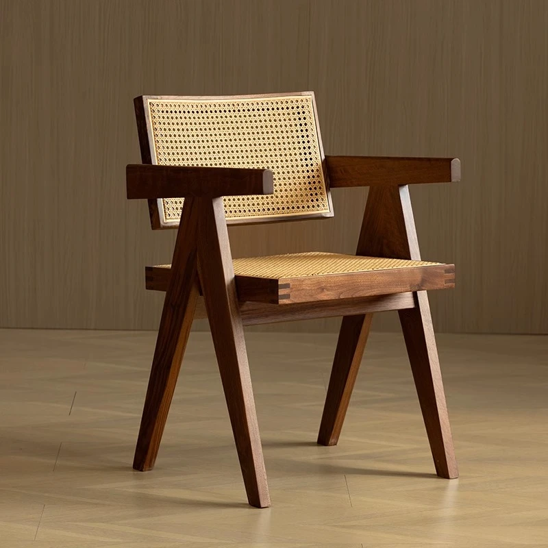 昌迪加尔椅藤编餐椅家用靠背实北美黑胡桃木实木靠背扶手民宿椅
