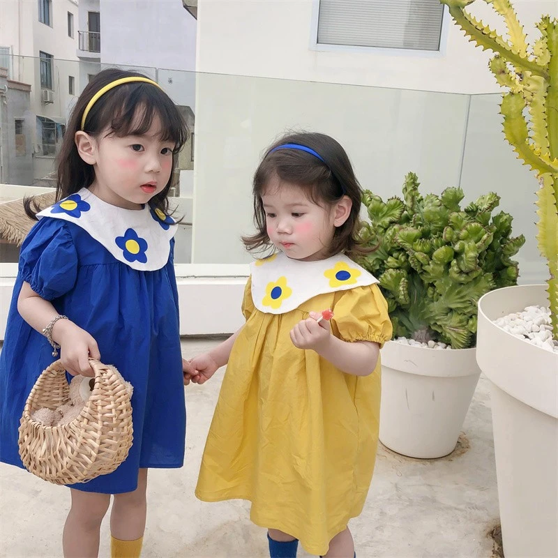 女童韩版大翻领连衣裙2023夏装新品女宝宝洋气花朵裙子小清新裙潮