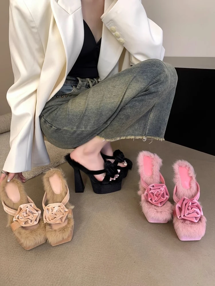 时尚女士恨天高一字凉拖鞋女气质防水台模特走秀玫瑰花方头高跟鞋