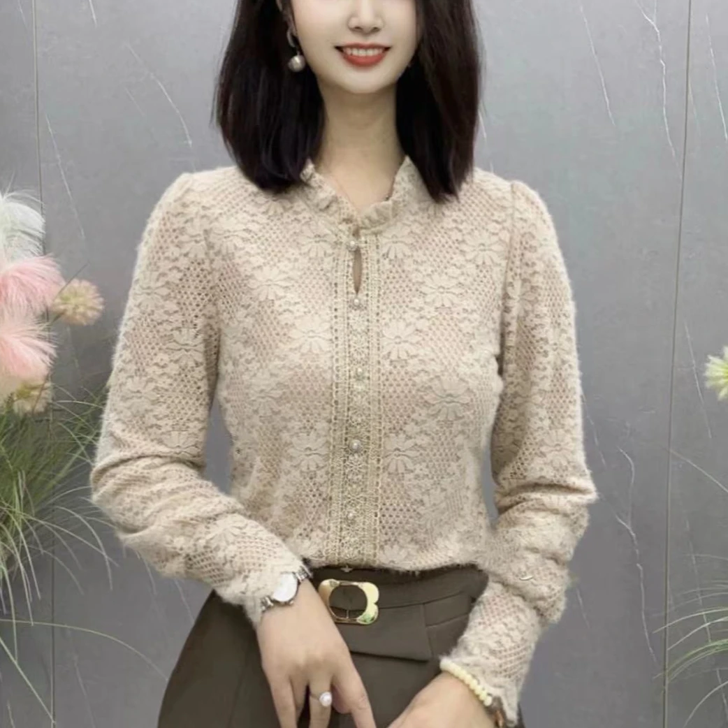 【门店199】秋季新款蕾丝花边领长袖时尚减龄百搭上衣时尚显瘦8555