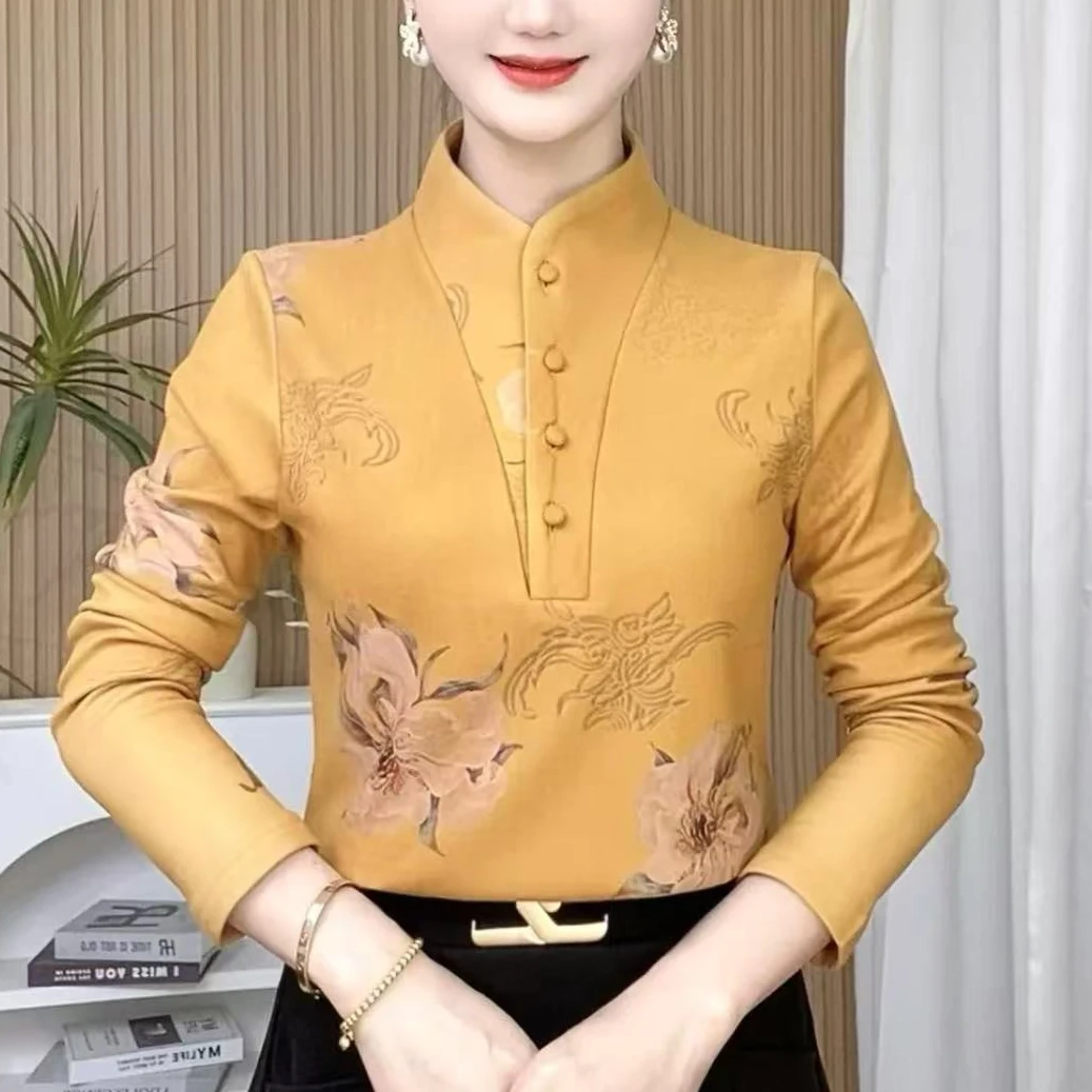 【9195】百搭时尚花朵上衣冬季保暖加绒一体绒弹力长袖打底衫女