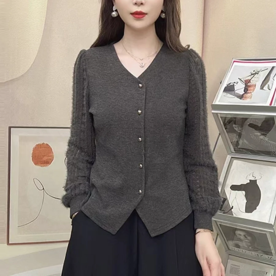 2024秋季新款拼接蕾丝针织洋气小衫厚款打底外穿减龄遮肉上衣女