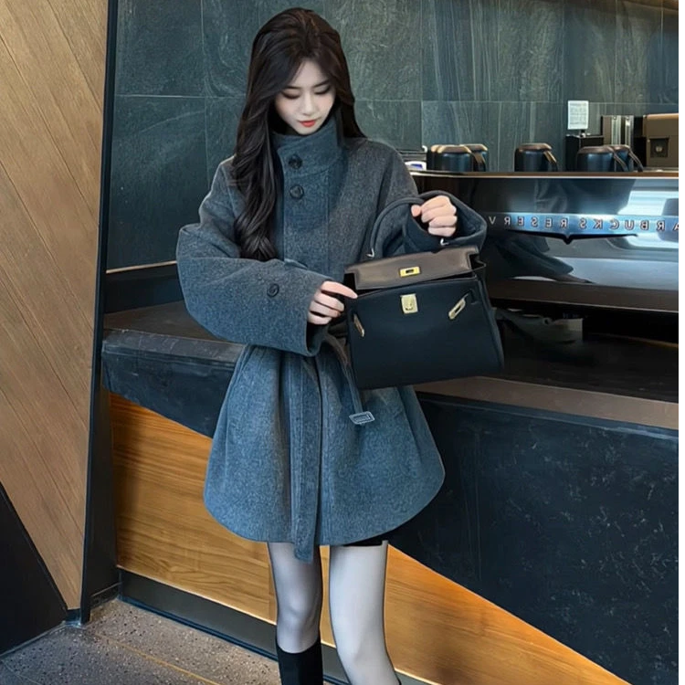 韩系毛呢外套女冬新款2024立领系带显瘦气质小个子时尚呢子大衣