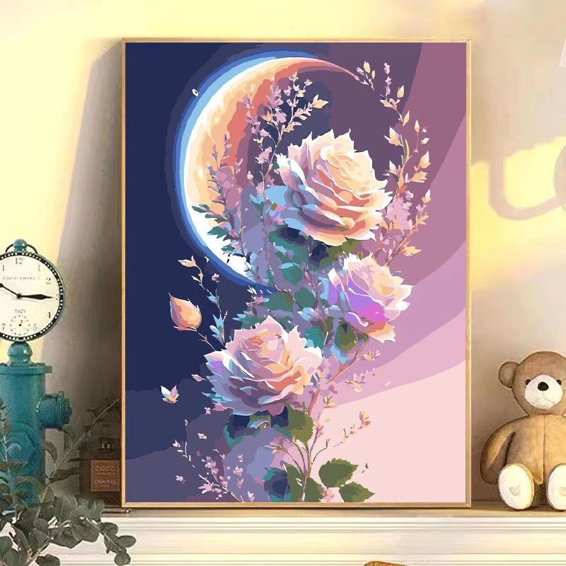 diy数字油画玫瑰简约手工填色油彩画治愈手工花卉客厅装饰画挂画n
