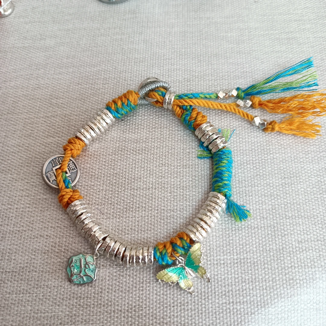 足银手链 足银999盘缠手串混色民族风可调节下单备注手围