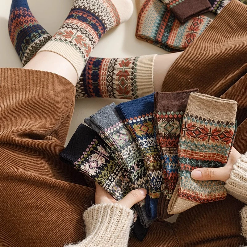 美拉德袜子女中筒复古秋冬季双针双路女士堆堆棉柔民族风外穿长袜