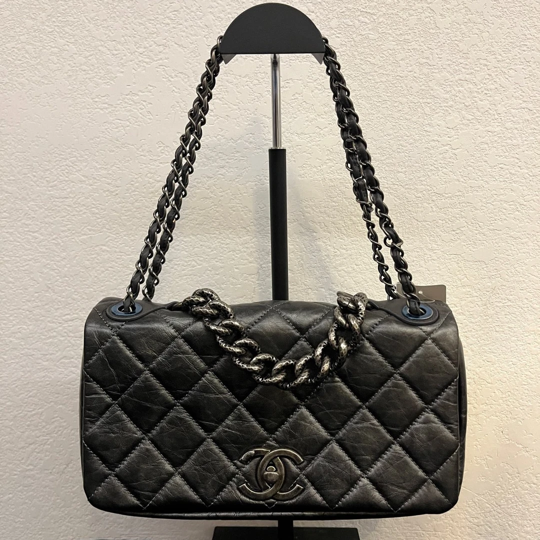 99新 Chanel/香奈儿 孟买系列枪灰色熔岩链手提斜挎包／9810／青柠