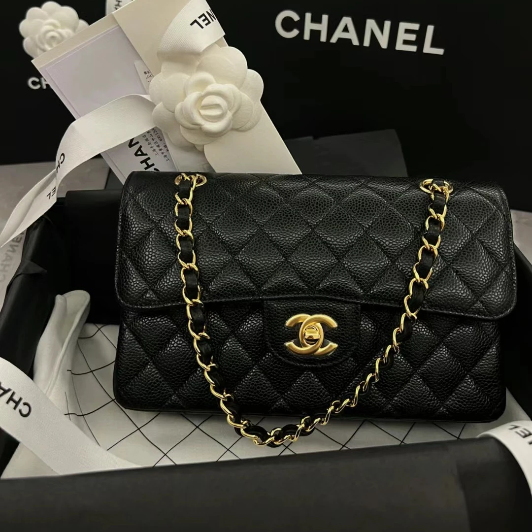 99新 Chanel/香奈儿 cf黑金荔枝牛单肩斜挎包包／5678／青柠