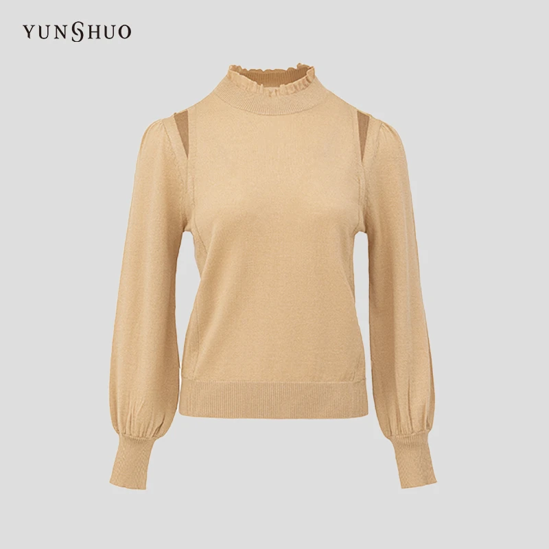 【雅丹风】允硕针织衫女秋冬新款时尚花苞袖荷叶领套头毛衫739476