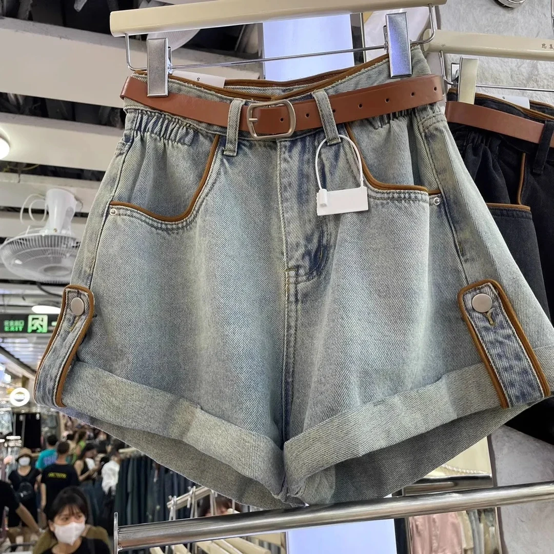 2024夏季新款韩版百搭辣妹高腰卷边牛仔短裤女修身显瘦A字阔腿裤