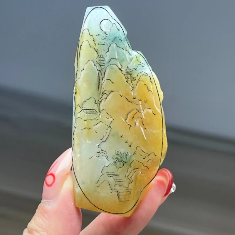 朱哥珠宝天然缅甸翡翠A货冰黄翡飘花牌子料山水牌包工设计雕刻