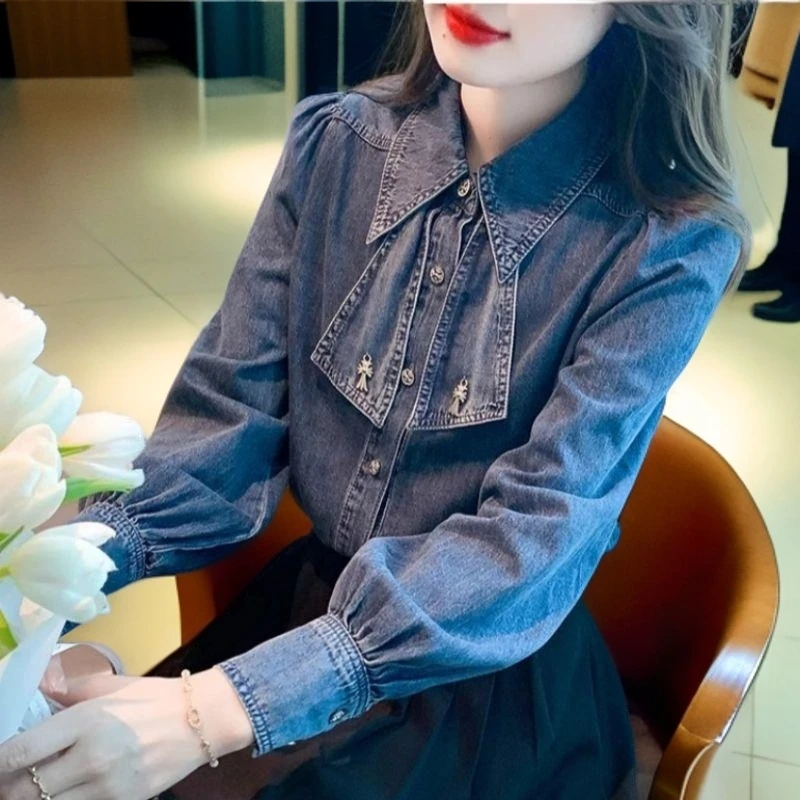 复古牛仔衬衫女短款设计感小众2025春秋装新款蝴蝶结法式别致上衣