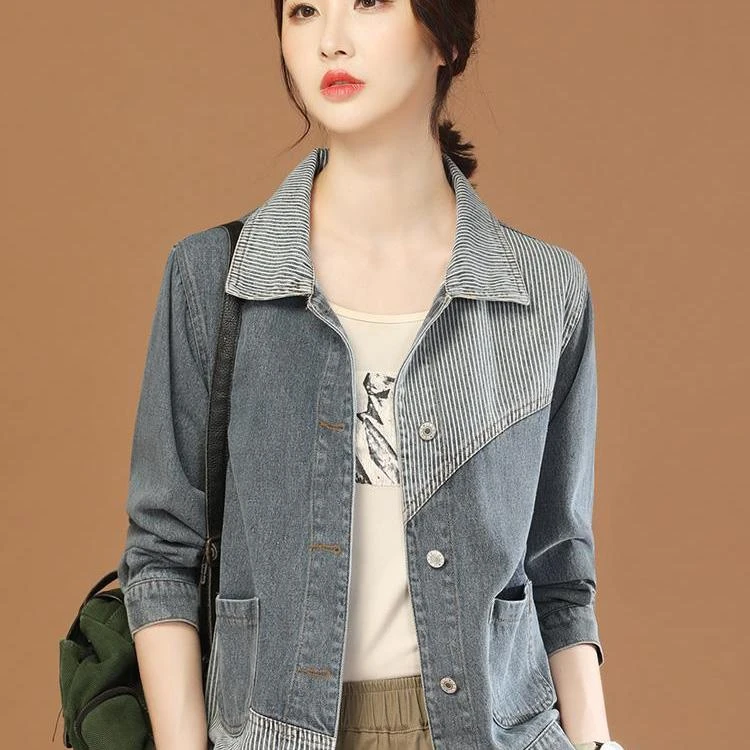 2025春秋季新款短款韩版宽松百搭显瘦休闲上衣条纹拼接牛仔外套女
