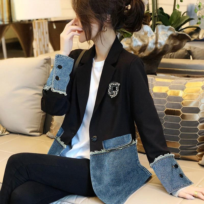 小众拼接牛仔西装外套女高级感洋气韩风时尚2024春秋季新款欧洲站