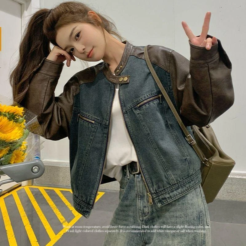 美式皮衣拼接牛仔外套女2025春秋新款宽松流行小个子短款机车上衣