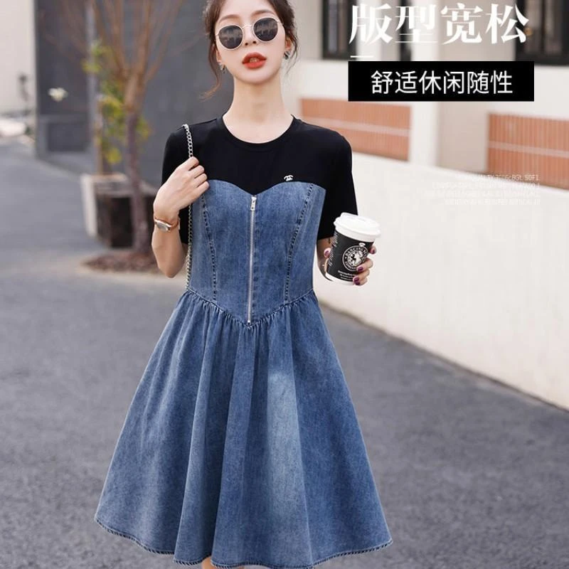 高腰宽松显瘦假两件拼接牛仔连衣裙女款夏季2025新款休闲裙子伞裙