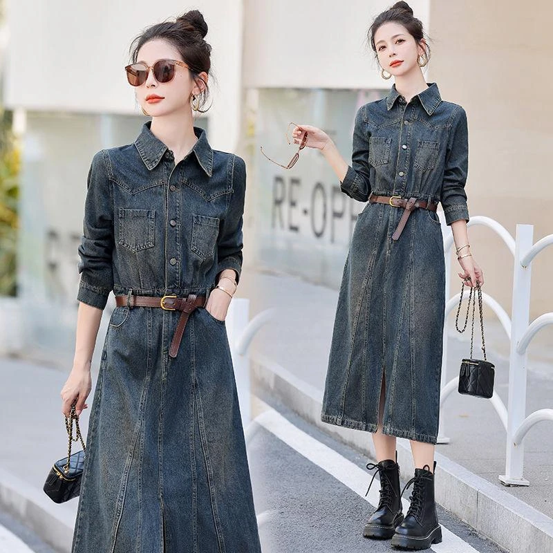 洋气复古气质收腰显瘦宽松牛仔连衣裙女2025春秋季新款休闲长裙子