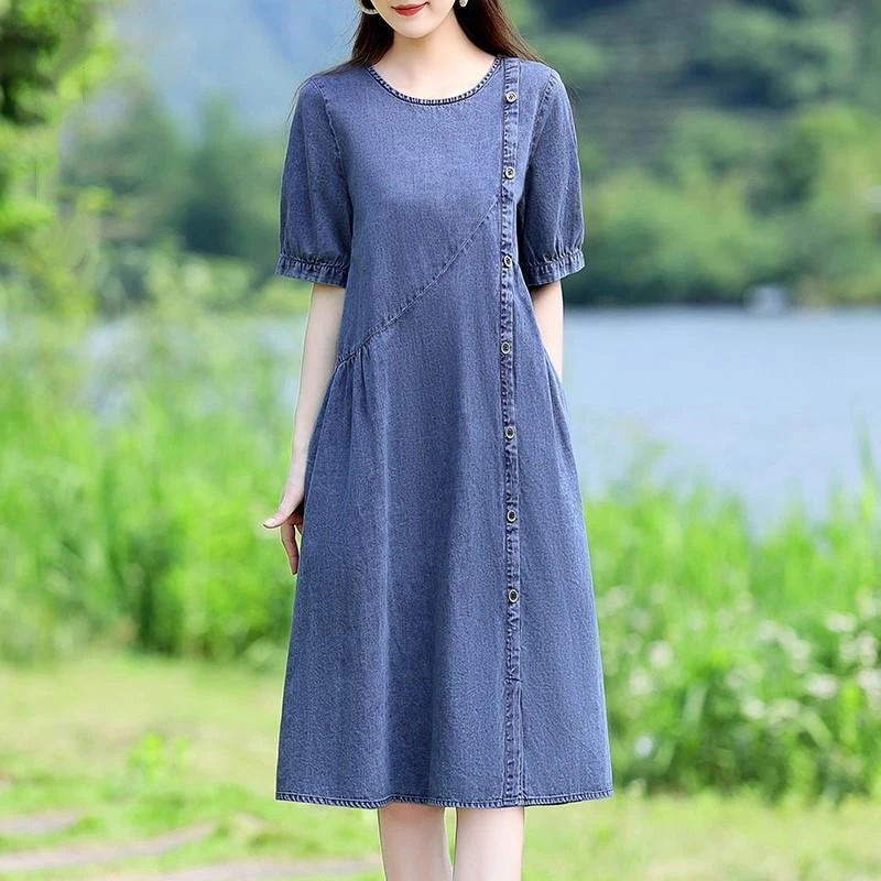 牛仔连衣裙女款2025夏季新款短袖宽松休闲复古减龄妈妈大码裙子潮
