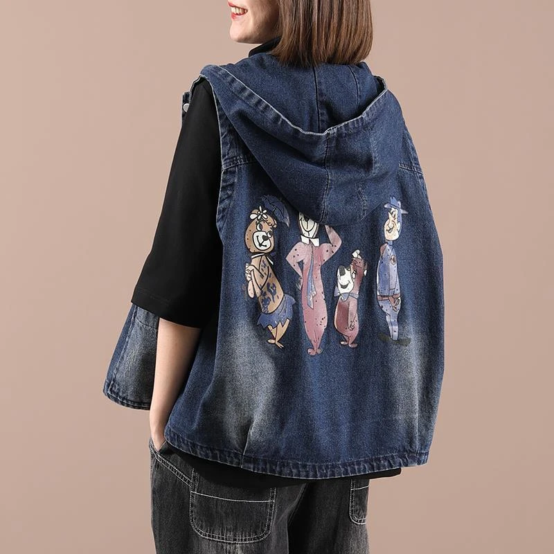 2025春秋新款韩版宽松大码休闲印花连帽牛仔马甲女款短款马夹外套