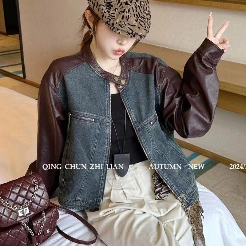 2025春秋新港风复古短款牛仔拼接皮衣短外套棒球服机车夹克上衣女