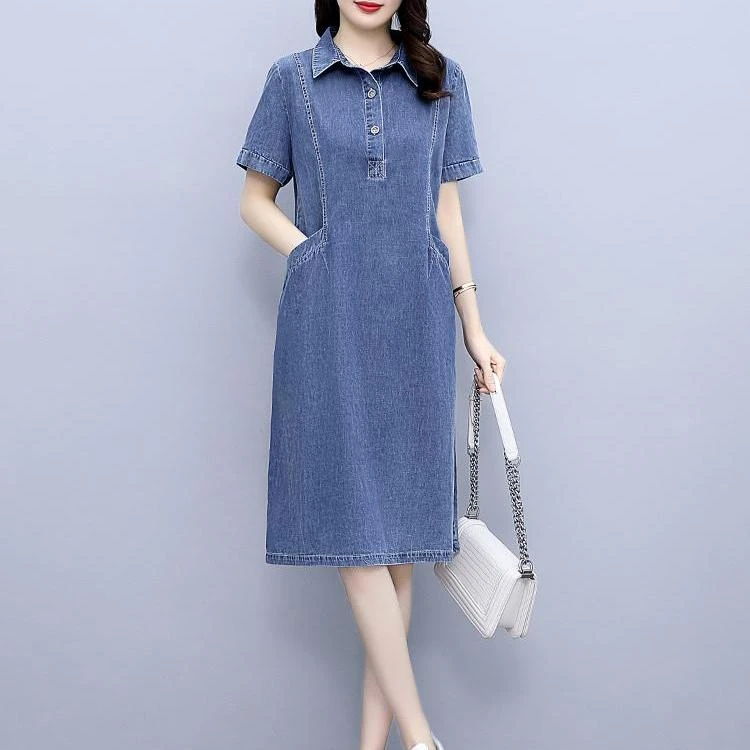 牛仔连衣裙女中长款2025夏季新款短袖宽松大码休闲复古减龄裙子