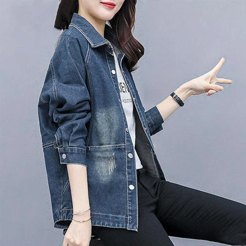 2025春秋装新款时尚休闲宽松上衣长袖大气简约潮女士短款牛仔外套