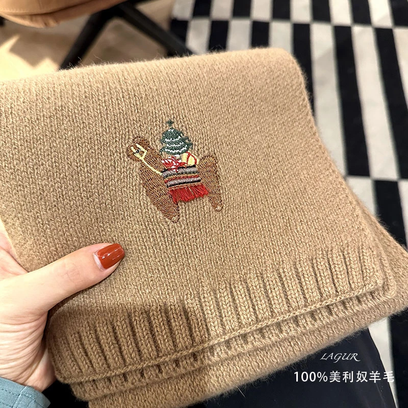 新年圣诞00%美利奴羊毛限量款针织围巾精致刺绣情侣围脖礼物小马