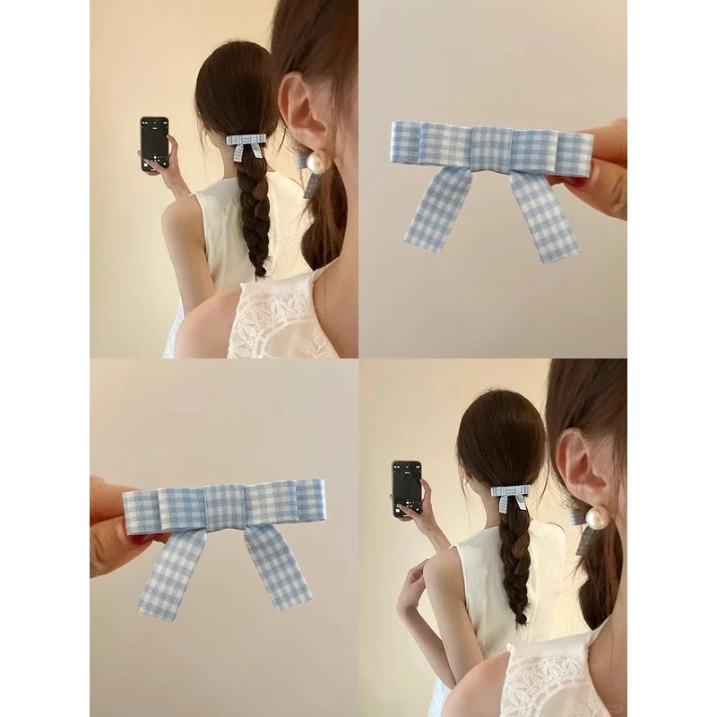 显乖蝴蝶结格纹发夹小清新格子甜美氛围感侧边夹少女学生发饰头饰