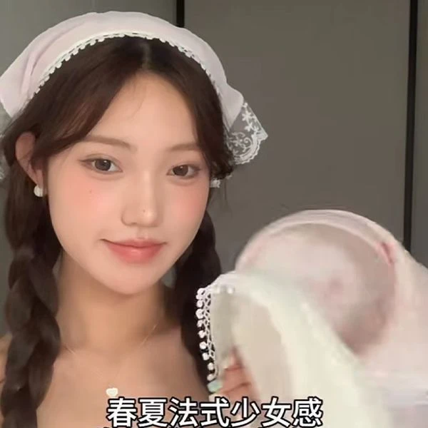 发箍款法式蓝色格子蕾丝三角巾女包头田园风发带高级感海边氛围感