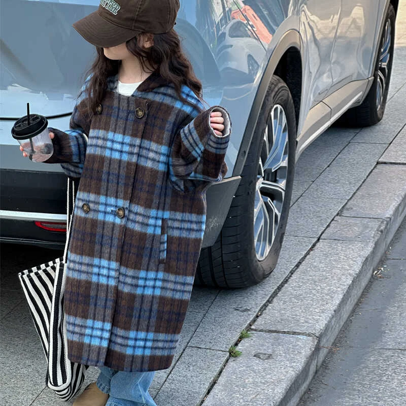 韩国童装女童冬装外套2024新款儿童洋气高级感格子中长款毛呢大衣